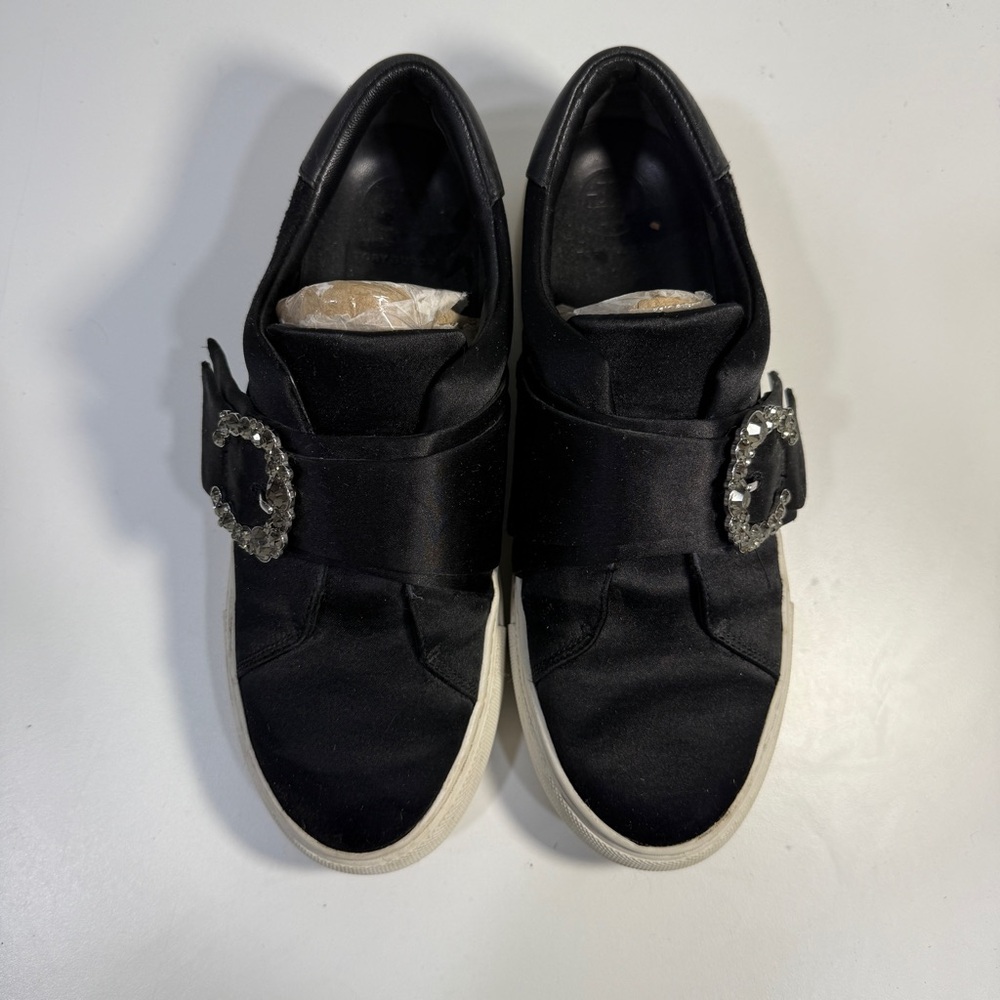 Tory Burch Greer Fashion Sneaker Rhinestone Buckle Black Satin Leather Women's 7